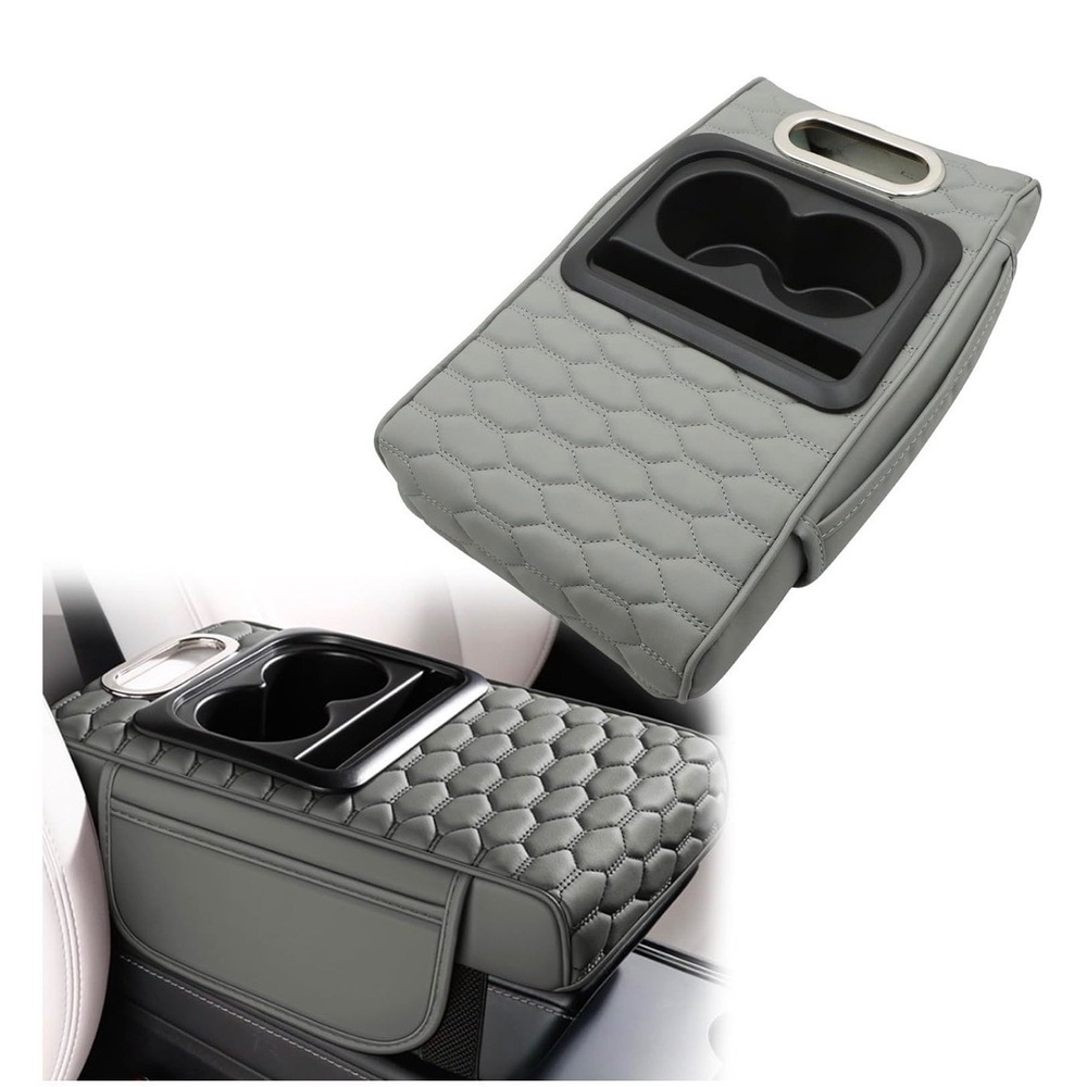 Gray Car Center Console Cover Universal Microfiber Leather Armrest Cup Holder